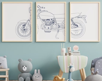 Navy Blue Motorcycle Art Print, Vintage Biker Decor (Digital Download)