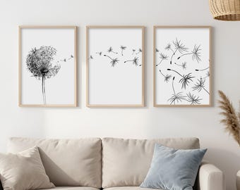 Black and White Dandelion Prints Set, Bedroom Wall Art, DIGITAL Download
