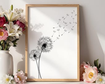 Dandelion Seed Black and White Flower Wall Art Print, Minimalist Scandinavian Decor (Digital Files)