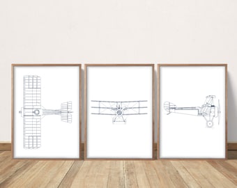 Impresión de plano de triplano vintage, decoración de habitación de niño, descarga digital