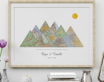 Personalized Journey Map - 9 locations mountain wall art, Vintage Maps, Custom Travel Poster, Wedding Gift & Anniversary Gift for couples
