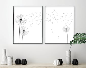 Dandelion Art Print, Printable Wall Art, Dandelion Wall Art, Botanical Wall Décor, Minimalist Wall Art, Set of 2 Dandelion Prints