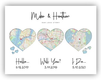 Hello, Will You, I Do, Map Art Print, Last Minute Custom Gift, For Couple, Gift For Him, Heart Art, Anniversary Gift, Valentine's Day gift