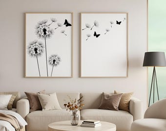 Dandelion Print Set, Black and White Botanical Wall Art, DIGITAL Download