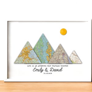 Mapa de aventuras personalizado de Adventure Together, 4 ubicaciones, montañas, póster de viaje personalizado, impresión de mapa de viaje para parejas, regalo de aniversario