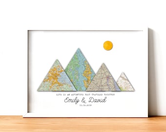 Adventure Together Personalized Adventure Map 4 locations mountains, Custom Travel Poster, Couple Travel Map Print , Anniversary Gift