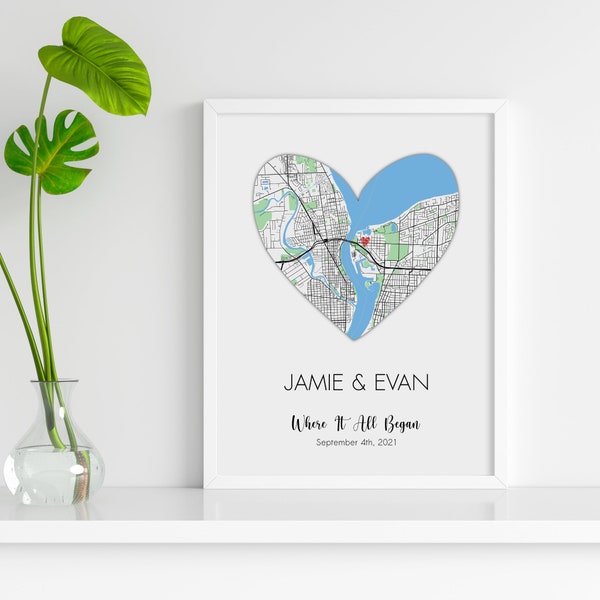 Where It All Began, Personalized Map, Custom Heart Map Art, Where We Met Map, Important Dates, Personalized Valentines Day Gift