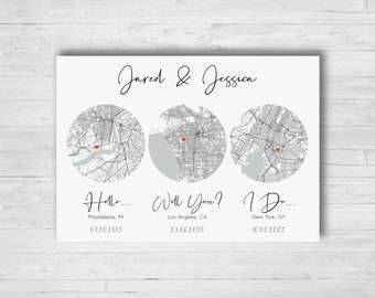 Hola, ¿quieres?, ¿quiero?, Impresión artística de mapa de historia de amor personalizada, descarga digital