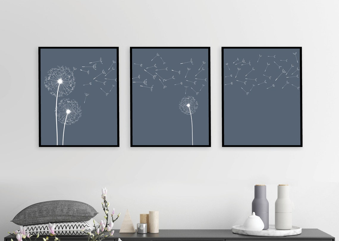 Dusty Blue Dandelion wall art print Set of 3 dandelion Etsy