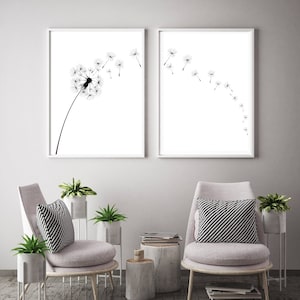 Dandelion  Print, Set of 2 prints, Dandelion Printable,  Dandelion Wall Art, Above Bed Art Prints, Minimalist Wall Art