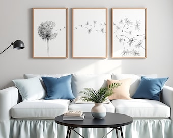 Dandelion wall art, Black And White Set, Bedroom prints, Bedroom wall art, Dandelion printable, Above bed art prints, Dandelion Decor