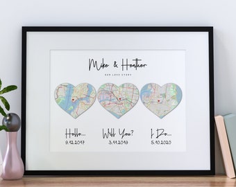 Personalized Heart Map Anniversary Art Print, Hello Will You I Do