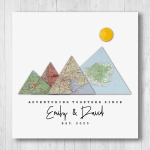 Mapa de aventuras personalizado, montañas con 4 ubicaciones personalizadas, póster de viaje personalizado, regalo de último minuto, mapa de viaje para aniversario de pareja