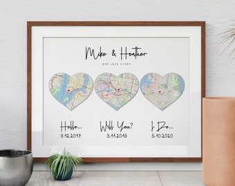 Hello, Will You, I Do, Map Art Print, We Met, Three Heart Map, Relationship Dates, Important Dates, Relationship Gifts, Gifts for Him