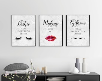 Makeup quotes, Salon decor, Makeup prints, Marble decor, Lashes Decor print, Lips Decor print, Brow Decor print