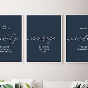 Dios, concédeme serenidad, coraje, sabiduría, juego de 3 impresiones, póster azul oscuro, arte de pared minimalista, letrero para dormitorio