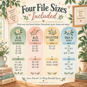 May include: An informational graphic titled Four File Sizes Included, displaying four vertical panels in green, pink, yellow, and blue. Each panel lists dimensions in inches and centimeters for 3:4 ratio, 4:5 ratio, US Letter, and ISO-A sizes, decorated with floral illustrations and small hearts.