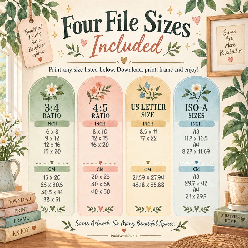May include: An informational graphic titled Four File Sizes Included, displaying four vertical panels in green, pink, yellow, and blue. Each panel lists dimensions in inches and centimeters for 3:4 ratio, 4:5 ratio, US Letter, and ISO-A sizes, decorated with floral illustrations and small hearts.
