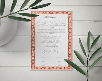 Nikkah Contract | Personalized Nikah Nama | Muslim Marriage Certificate | Customized Wedding Nikaah Souvenir | Red Floral