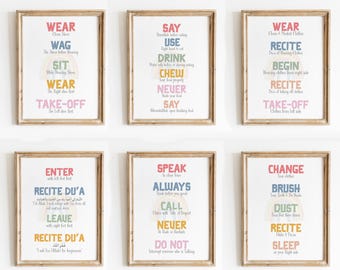 Könnte beinhalten: Sechs druckbare Poster mit Regenbogenakzenten und islamisch inspiriertem Text. Jedes Poster zeigt eine andere Reihe von Anweisungen, wie z. B. "Trage saubere Schuhe", "Sage "Bismillah" vor dem Essen", "Betritt mit dem linken Fuß zuerst", "Sprich in klarem Ton", "Trage saubere, bescheidene Kleidung" und "Wechsle deine Kleidung".
