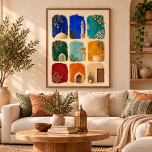 May include: A framed wall art print featuring a grid of nine rectangular panels, each displaying distinct architectural elements like domes, minarets, arches, and botanical motifs in vibrant shades of blue, green, red, orange, and yellow.