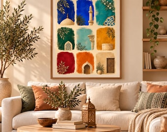 May include: A framed wall art print featuring a grid of nine rectangular panels, each displaying distinct architectural elements like domes, minarets, arches, and botanical motifs in vibrant shades of blue, green, red, orange, and yellow.