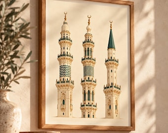 May include: A framed wall art print featuring three tall, ornate minarets in cream, white, and teal green. Each minaret is topped with a golden crescent moon finial. The architectural structures display intricate detailing, balconies, and geometric patterns.