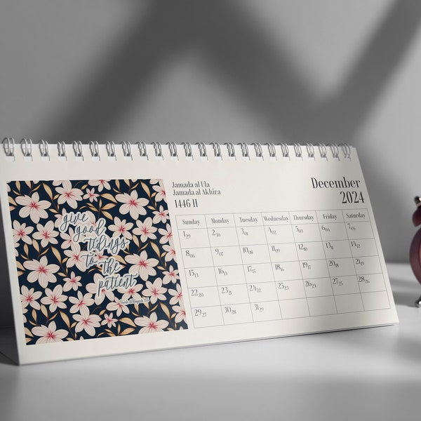 2024 Islamic Desk Calendar with Inspirational Reminders, Hijri dates & events | Floral Muslim Stationary Modern Design