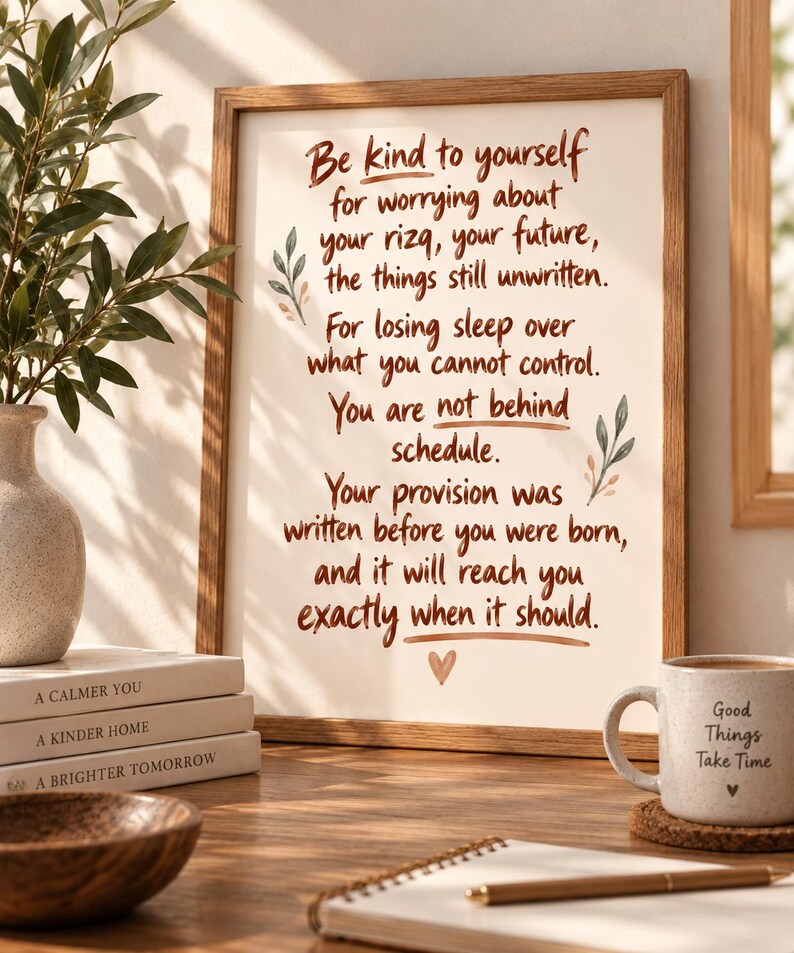 May include: A framed wall art print featuring brown handwritten text that reads: Be kind to yourself for worrying about your rizq, your future, the things still unwritten. For losing sleep over what you cannot control. You are not behind schedule.