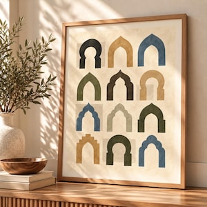 May include: A framed wall art print featuring a grid of twelve distinct architectural arch shapes in shades of blue, olive green, and mustard yellow. The arches are arranged in four rows and three columns against a light beige textured background.