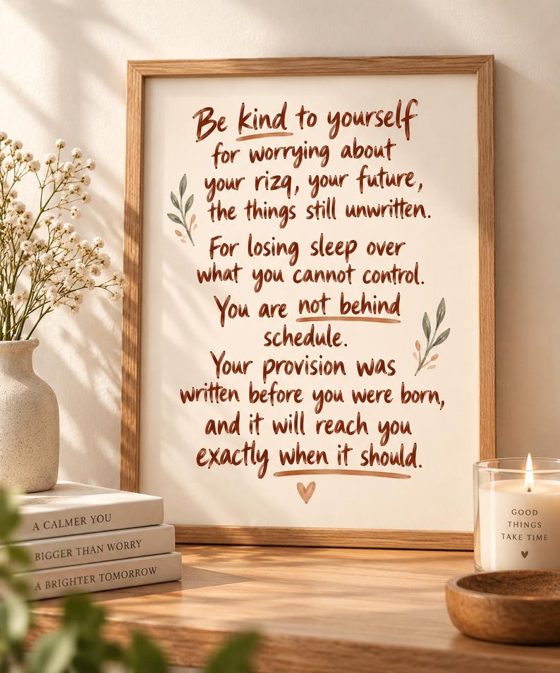 May include: A framed wall art print featuring brown handwritten text that reads: Be kind to yourself for worrying about your rizq, your future, the things still unwritten. For losing sleep over what you cannot control. You are not behind schedule.