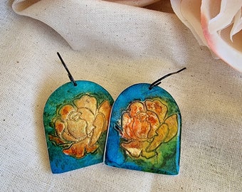 Polymer Clay Earrings, Arch Shaped Floral Ink Earring, Resin Coated
