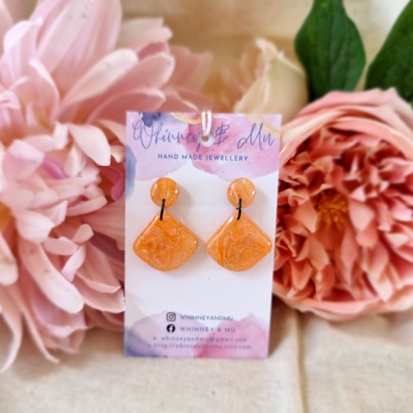 Polymer Clay Earrings, Peach/Apricot with gold foil, resin coated