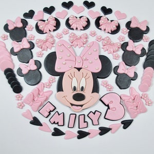 Edible Minnie Mouse Cake Topper Personalised. Pink Minnie Mouse Fondant Cake Decorations.