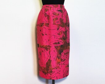 Vintage Bright Pink Batik Style Print Pencil Skirt