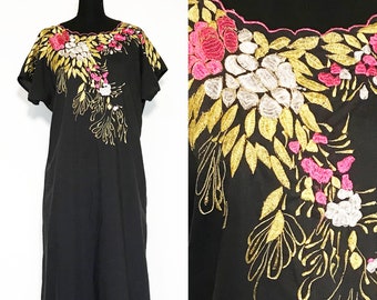 Vintage Cotton Caftan Dress with Metallic Embroidery