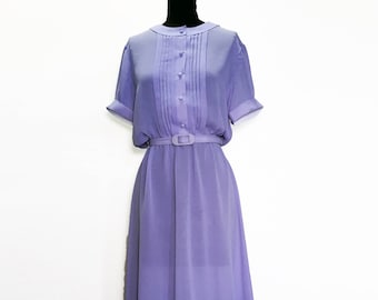 Vintage 70s 80s Flowy Georgette Secretary Dress with Matching Belt