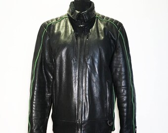 Vintage Leather Motorcycle Racing Jacket with Green Piping