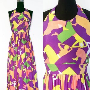 Vintage 60s Bright Purple Dancing Girl Pop Art Print Halter Maxi Dress