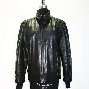 Vintage Leather Motorcycle Racing Jacket with Green Piping