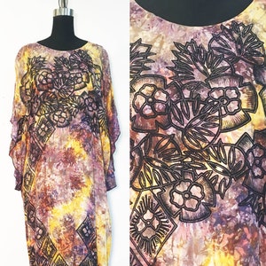 Vintage Tie Dyed Batik Print Caftan Maxi Dress