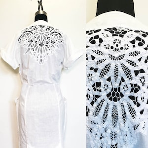 Vintage 80s Cotton Dress with Cutout Lace Yoke, Size L
