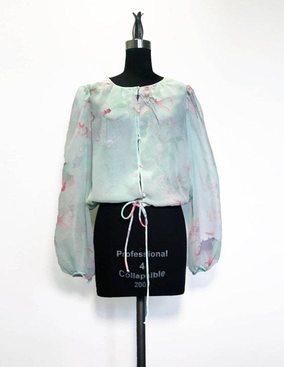 Vintage Watercolor Floral Chiffon Blouse - image 1