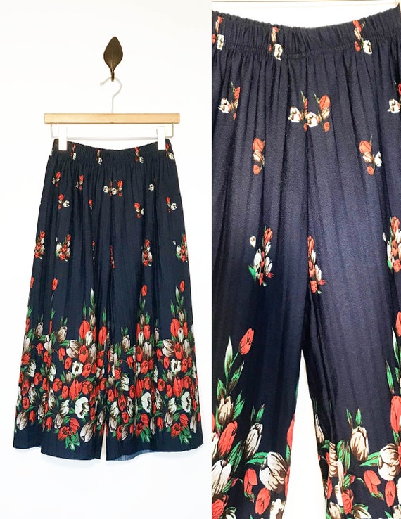 Vintage Navy Floral Cropped Palazzo Pants