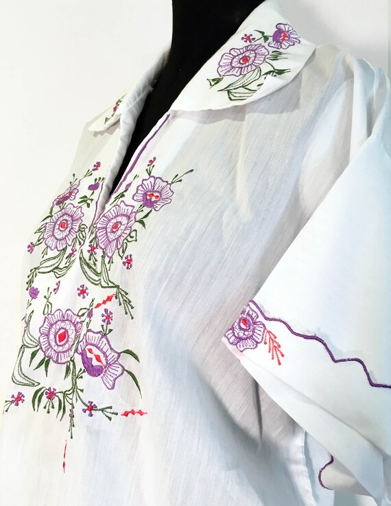 Vintage Embroidered Cotton Voile Shirt with Collar - image 3