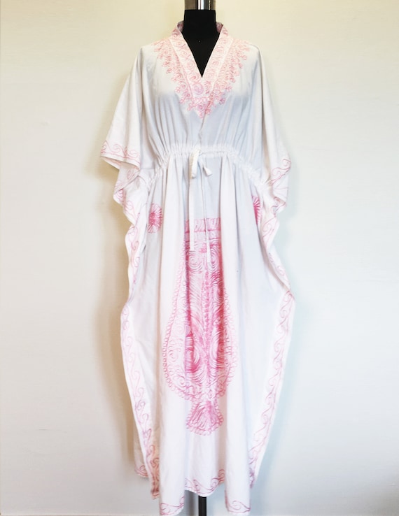 Vintage Moroccan Caftan with Pink Embroidery