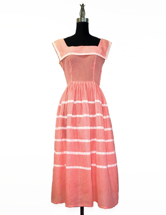 Vintage 1950s Bright Red Gingham and Lace Sundress - image 1