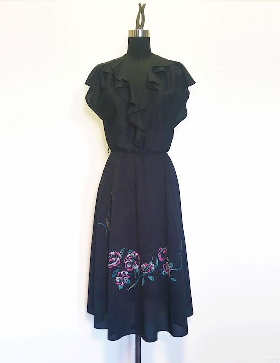 Vintage 80s Ruffle Dress with Hummingbird Floral P