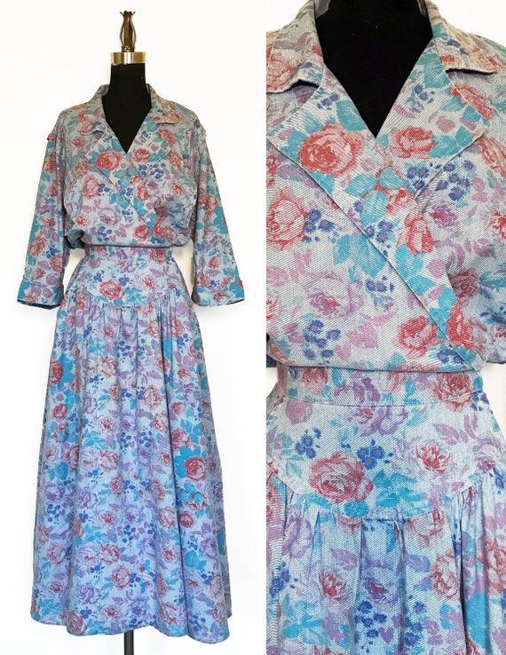 Vintage 80s Floral Printed Cotton Dress, Size M/L - image 1