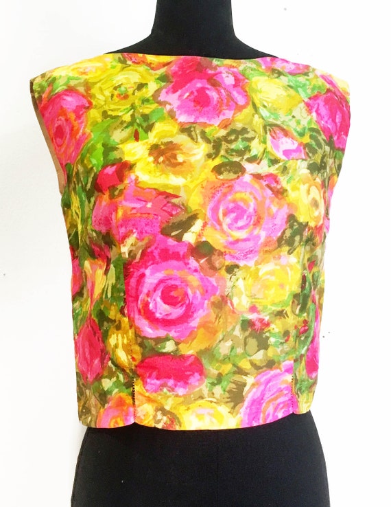 Vintage Painted Rose Print Silk Boxy Shell Top - image 3